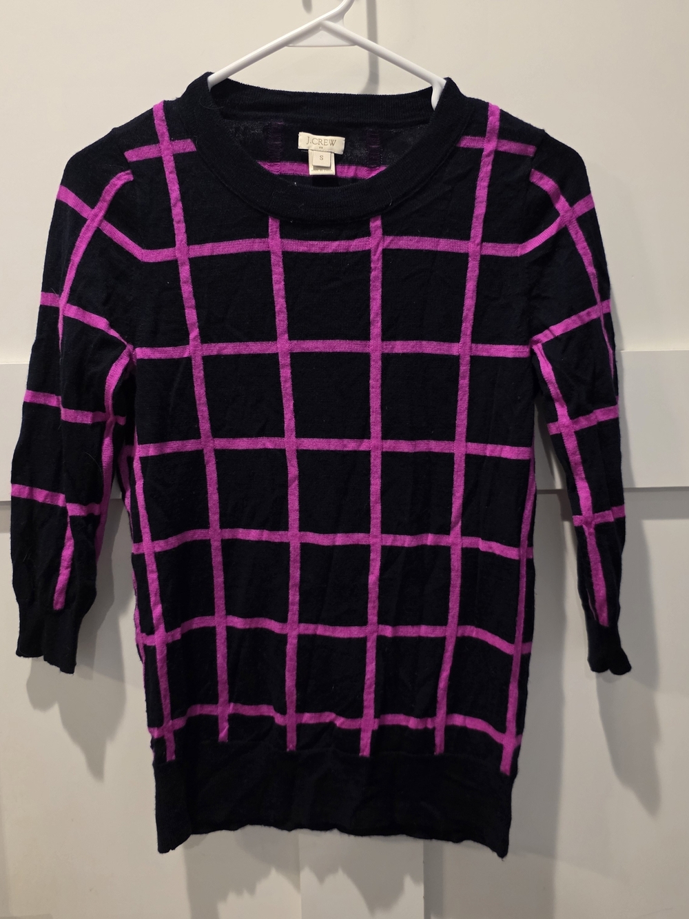 J. Crew Black Sweater with Bright Pink Windowpane Grid